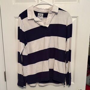 Lands' End Men's Navy and White Striped Polo